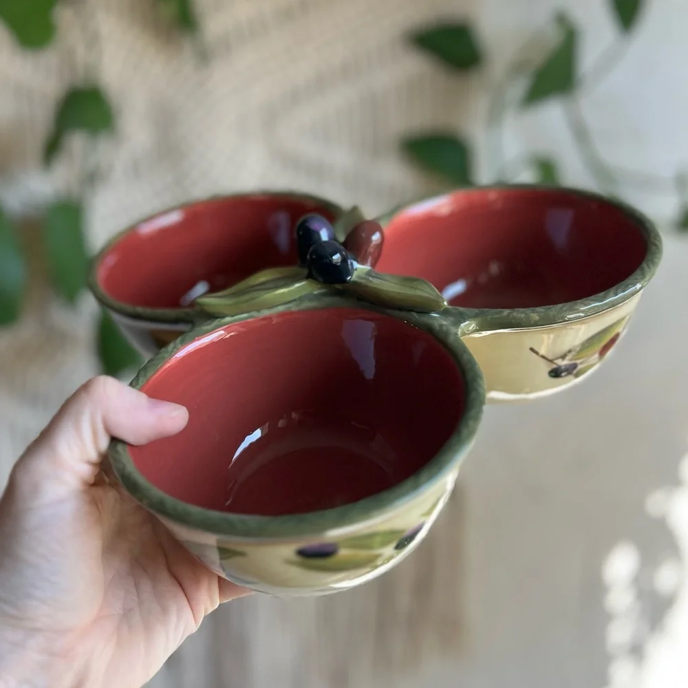 Clay Art Olive Triple Bowl Serving Dish Italian Style 3-Section Ceramic Tapas